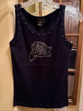 VTG BCBG MaxAzria Black Sleeveless Tank Top with Silver Studded Rose Motif NEW